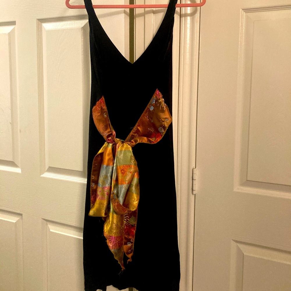 Sexy Black Dress with Silk Colored Wrap for Waist